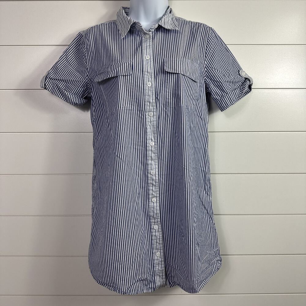 Equipment Mini Dress Button Front Blue White Vertical Stripe sz S